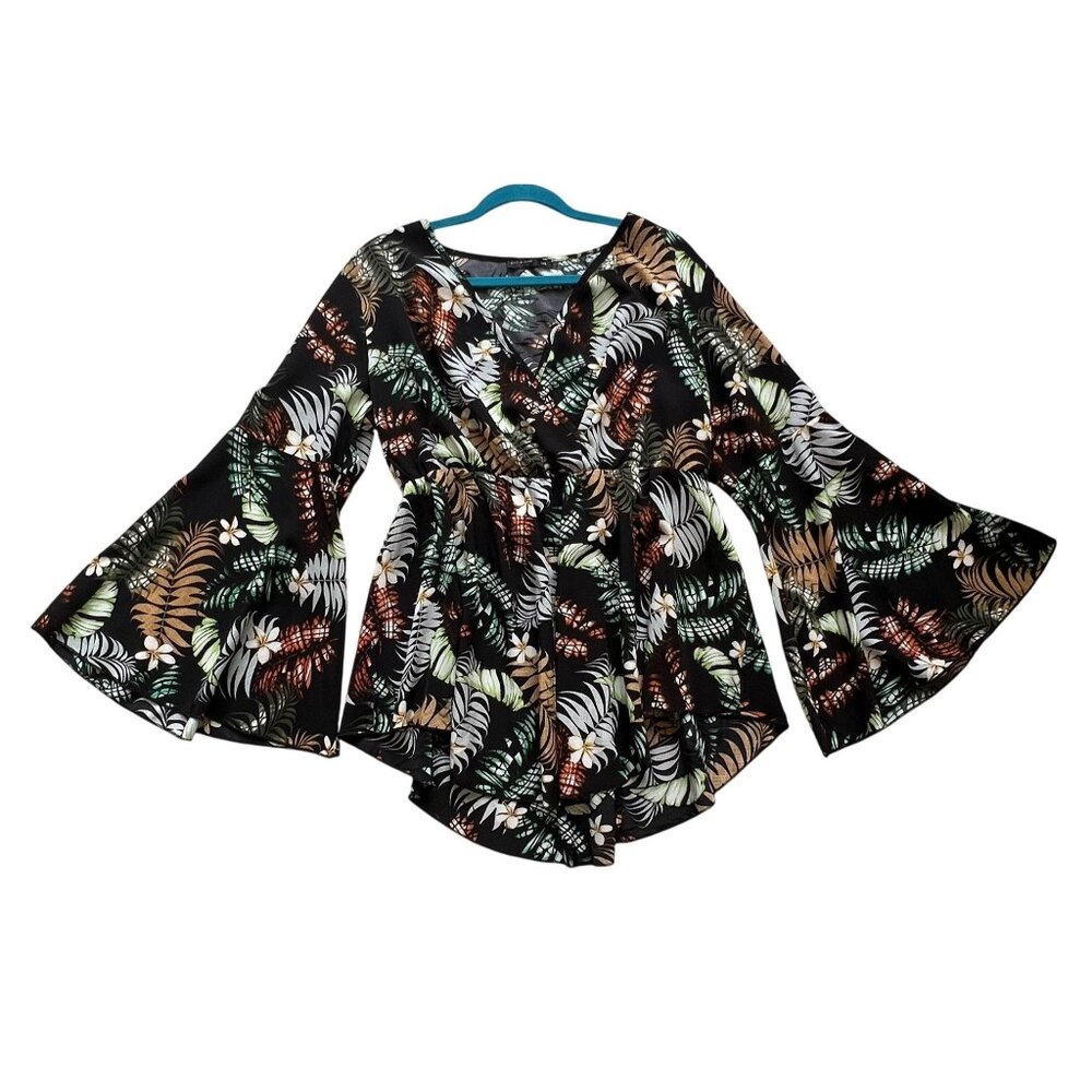 Shein Curve Womens 1XL Black Floral BellSleeve FauxWrap Top Tropical Lightweight
